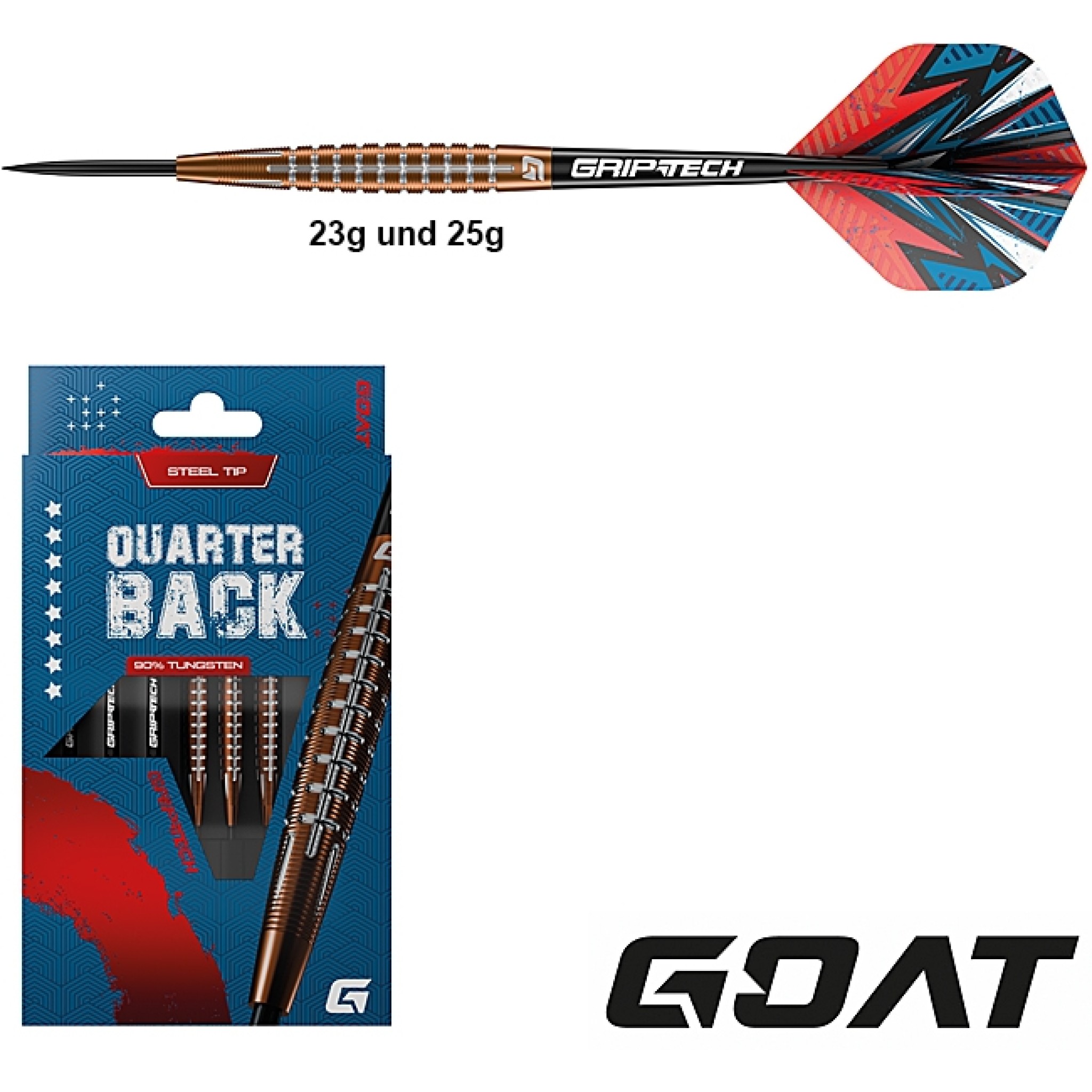 GOAT - Quarterback V1 95% Freccette Punta Acciaio 25 G, Include 3 GOAT - Quarterback V1 95% Freccette Punta Acciaio 25 G, Include 3